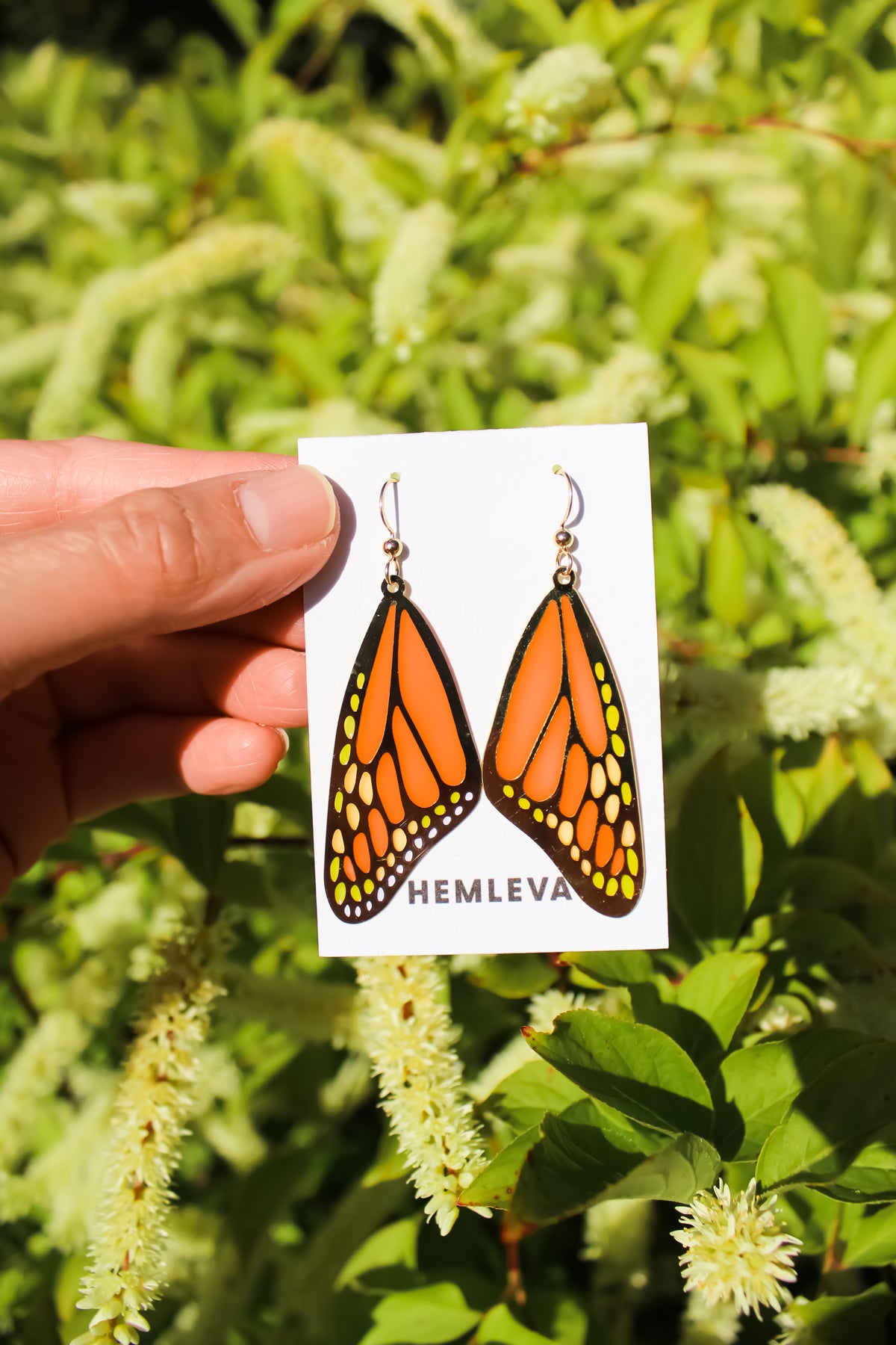 Monarch butterfly wing earrings. Handmade cruelty free orange iridescent butterfly  wings.